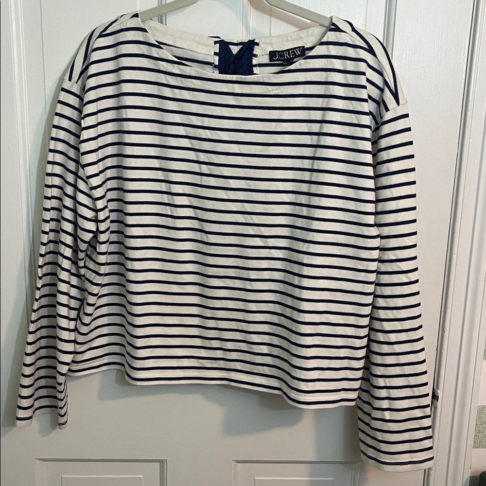 NWT J. Crew Navy and White Striped Bow Back Top Size L